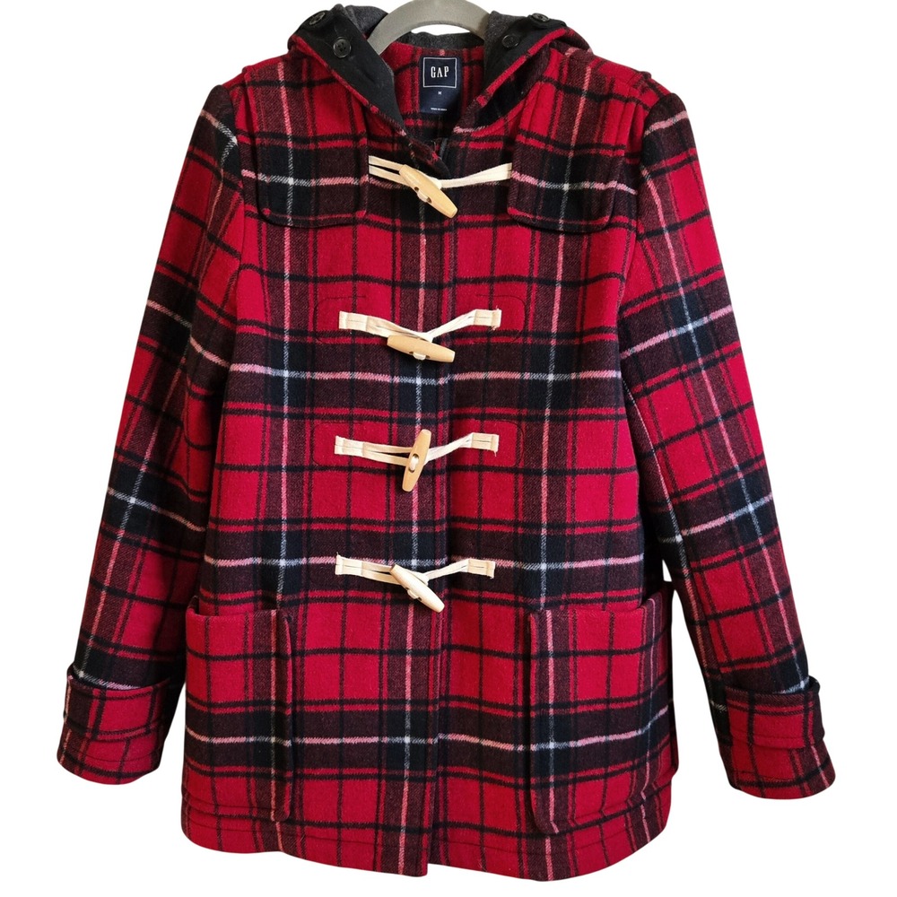 Gap Womens M Classic Wool Red Black Plaid Hooded Duffle Coat Toggle Front NWOT